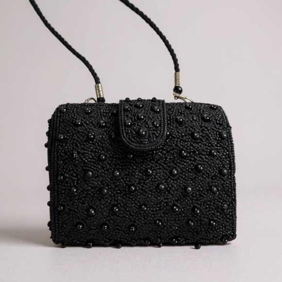 Vintage 80’s Elegant Evening wear Black Beaded Trunk Clutch Crossbody Purse - Picture 1 of 10